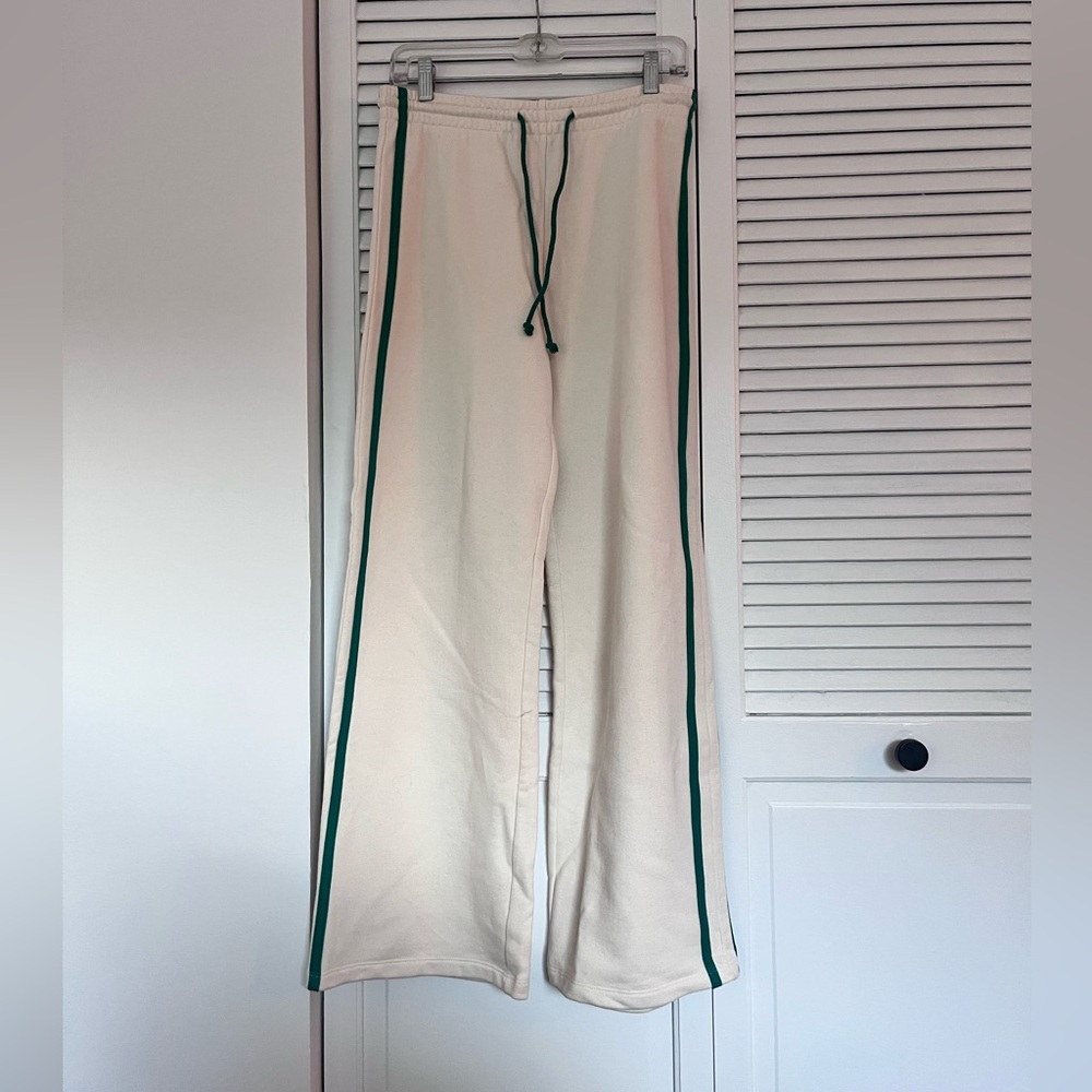 By Together Cream Wide Leg Sweatpants with Green Stripes